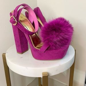 Fuchsia Pom Pom chunky heel
